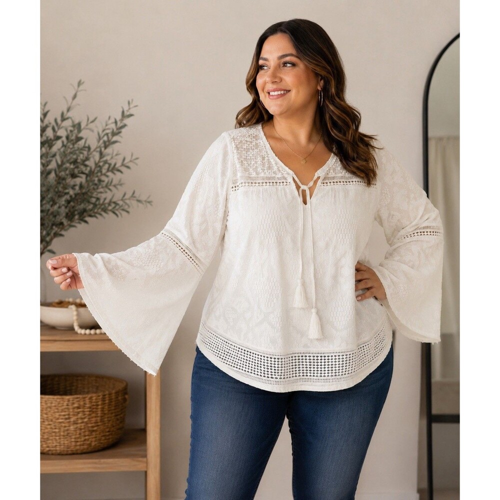 Kaari Blue White Boho Bell Sleeved Eyelet Lacy Peasant Blouse Plus 2X / 3X